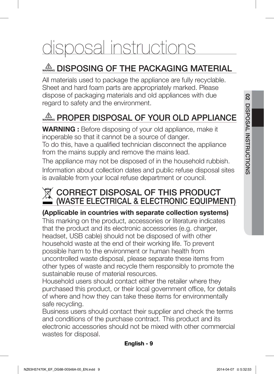 Samsung NZ63H57470K/EF, NZ63H57473K/EF Disposal instructions, Applicable in countries with separate collection systems 