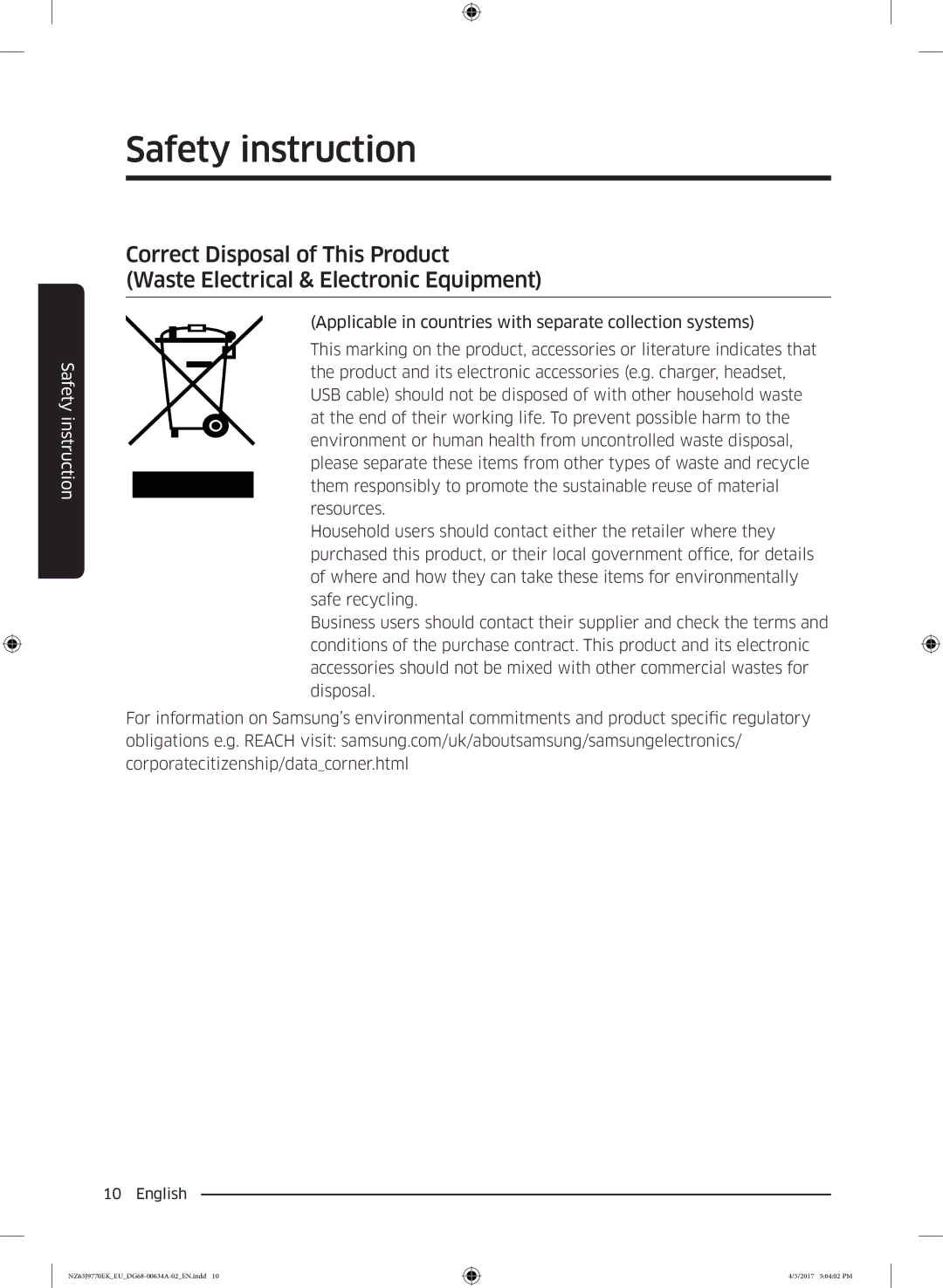 Samsung NZ63J9770EK/EE, NZ63J9770EK/EU manual Safety instruction 