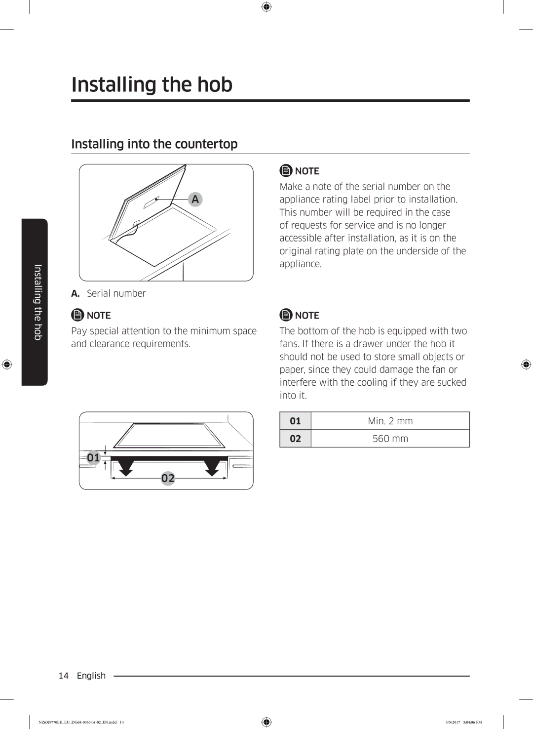 Samsung NZ63J9770EK/EE, NZ63J9770EK/EU manual Installing into the countertop, 560 mm 