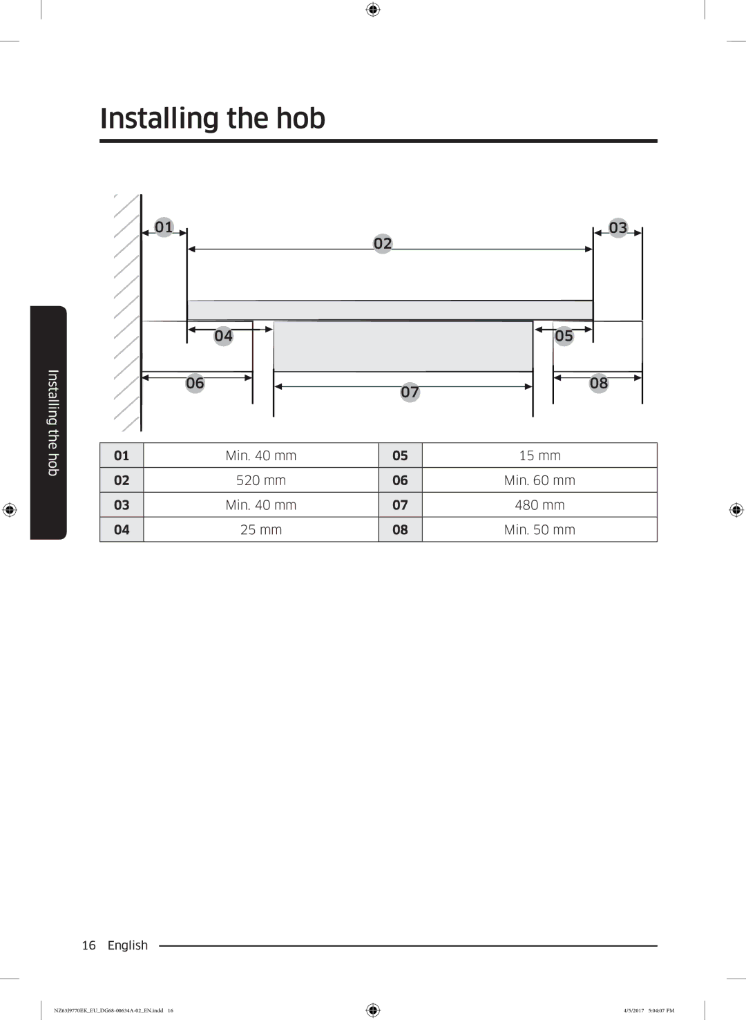 Samsung NZ63J9770EK/EE, NZ63J9770EK/EU manual Min mm 15 mm 520 mm 480 mm 25 mm 