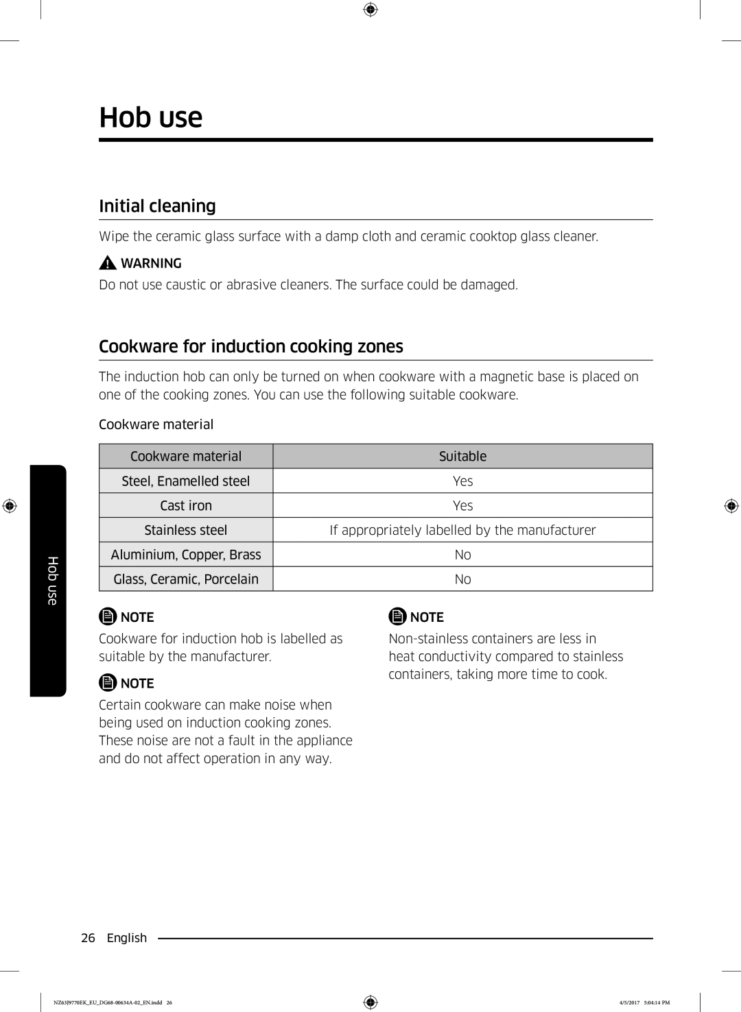 Samsung NZ63J9770EK/EE, NZ63J9770EK/EU manual Hob use, Initial cleaning, Cookware for induction cooking zones 