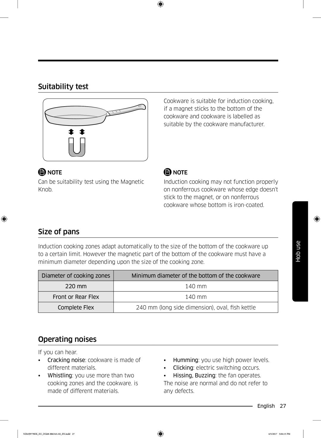 Samsung NZ63J9770EK/EU, NZ63J9770EK/EE manual Suitability test, Size of pans, Operating noises 