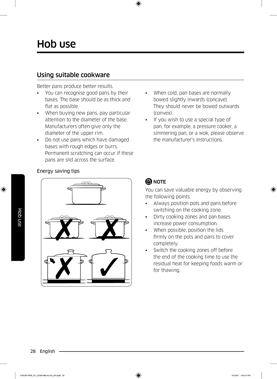 Samsung NZ63J9770EK/EE, NZ63J9770EK/EU manual Using suitable cookware 