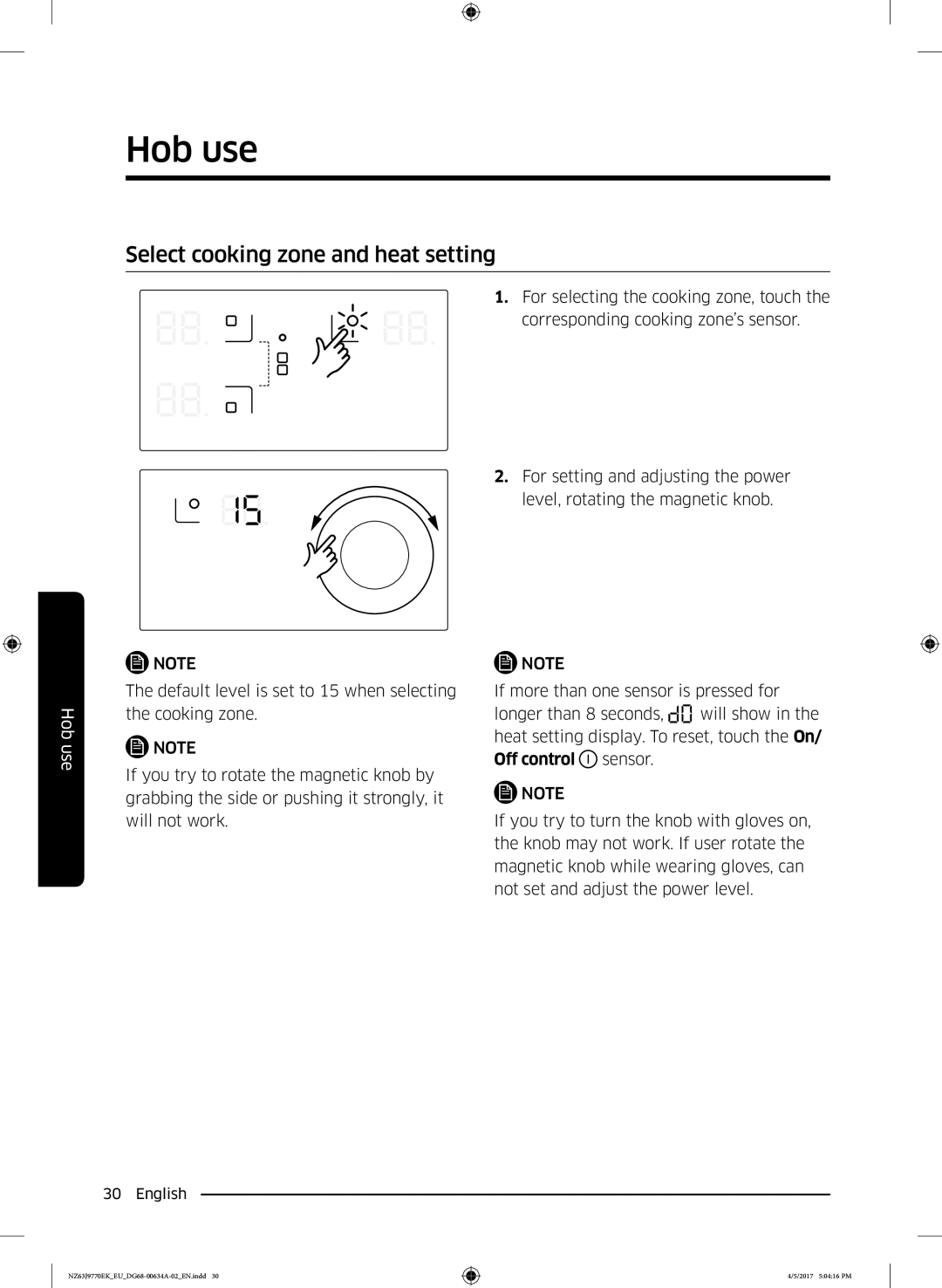 Samsung NZ63J9770EK/EE, NZ63J9770EK/EU manual Select cooking zone and heat setting 