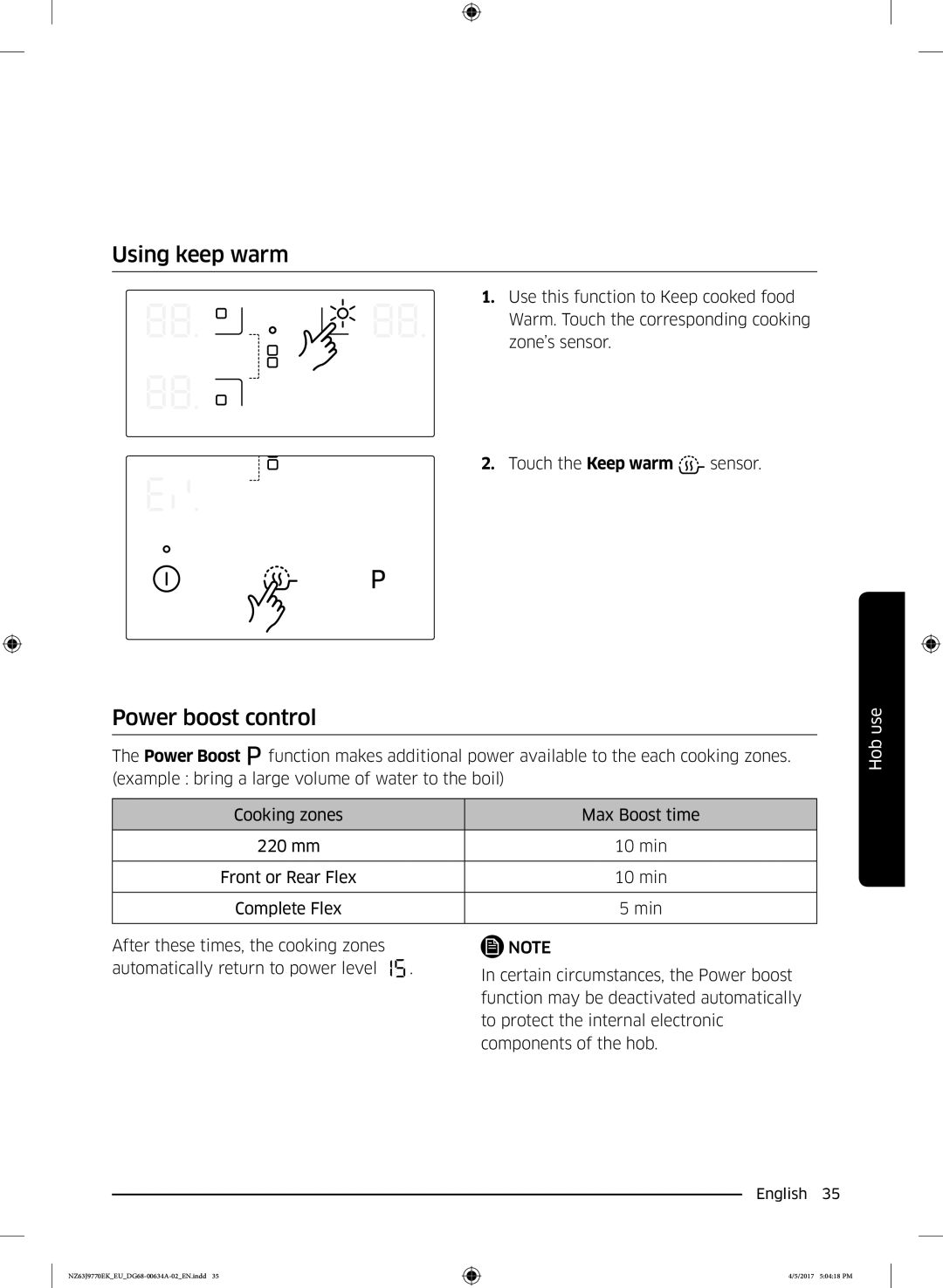 Samsung NZ63J9770EK/EU, NZ63J9770EK/EE manual Using keep warm, Power boost control 