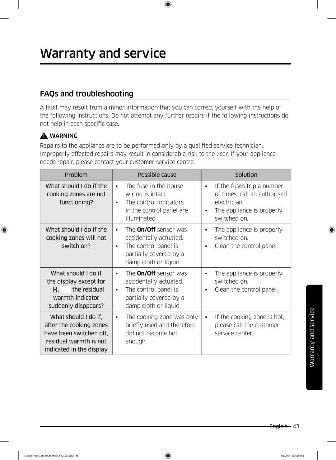 Samsung NZ63J9770EK/EU, NZ63J9770EK/EE manual Warranty and service, FAQs and troubleshooting 