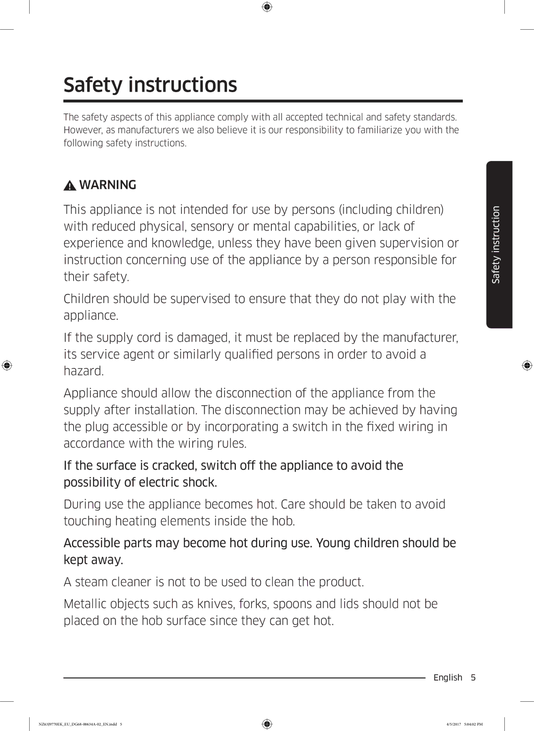 Samsung NZ63J9770EK/EU, NZ63J9770EK/EE manual Safety instructions 