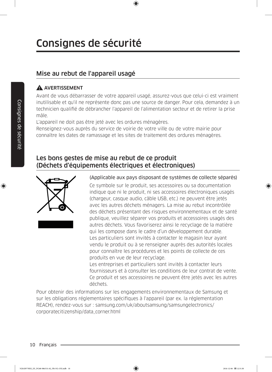 Samsung NZ63J9770EK/EF manual Mise au rebut de lappareil usagé 