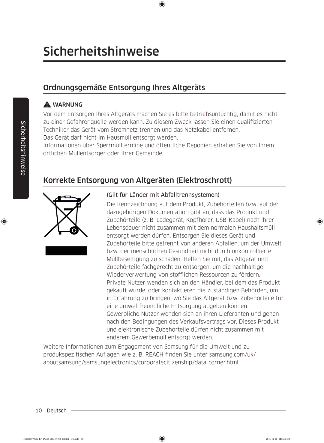 Samsung NZ63J9770EK/EF manual Ordnungsgemäße Entsorgung Ihres Altgeräts, Korrekte Entsorgung von Altgeräten Elektroschrott 