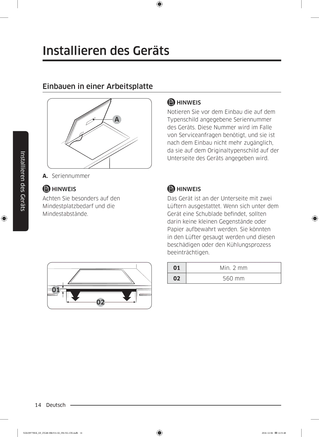 Samsung NZ63J9770EK/EF manual Einbauen in einer Arbeitsplatte, Min mm 