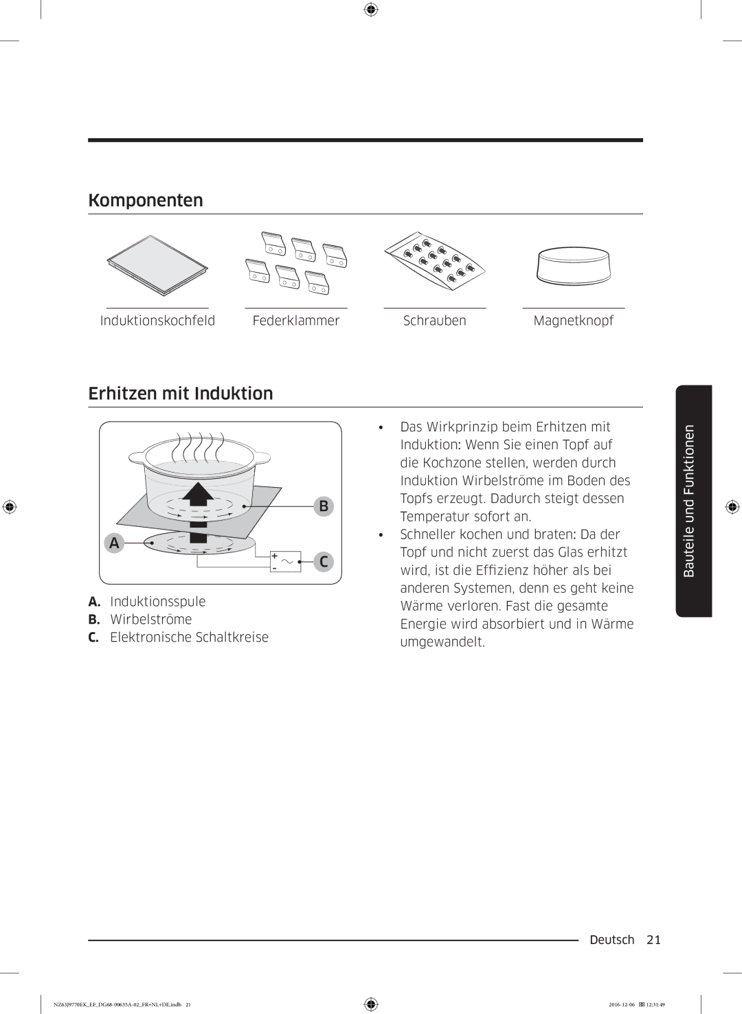 Samsung NZ63J9770EK/EF manual Komponenten, Erhitzen mit Induktion 