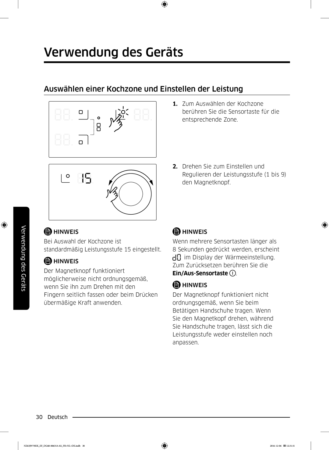 Samsung NZ63J9770EK/EF manual Auswählen einer Kochzone und Einstellen der Leistung 