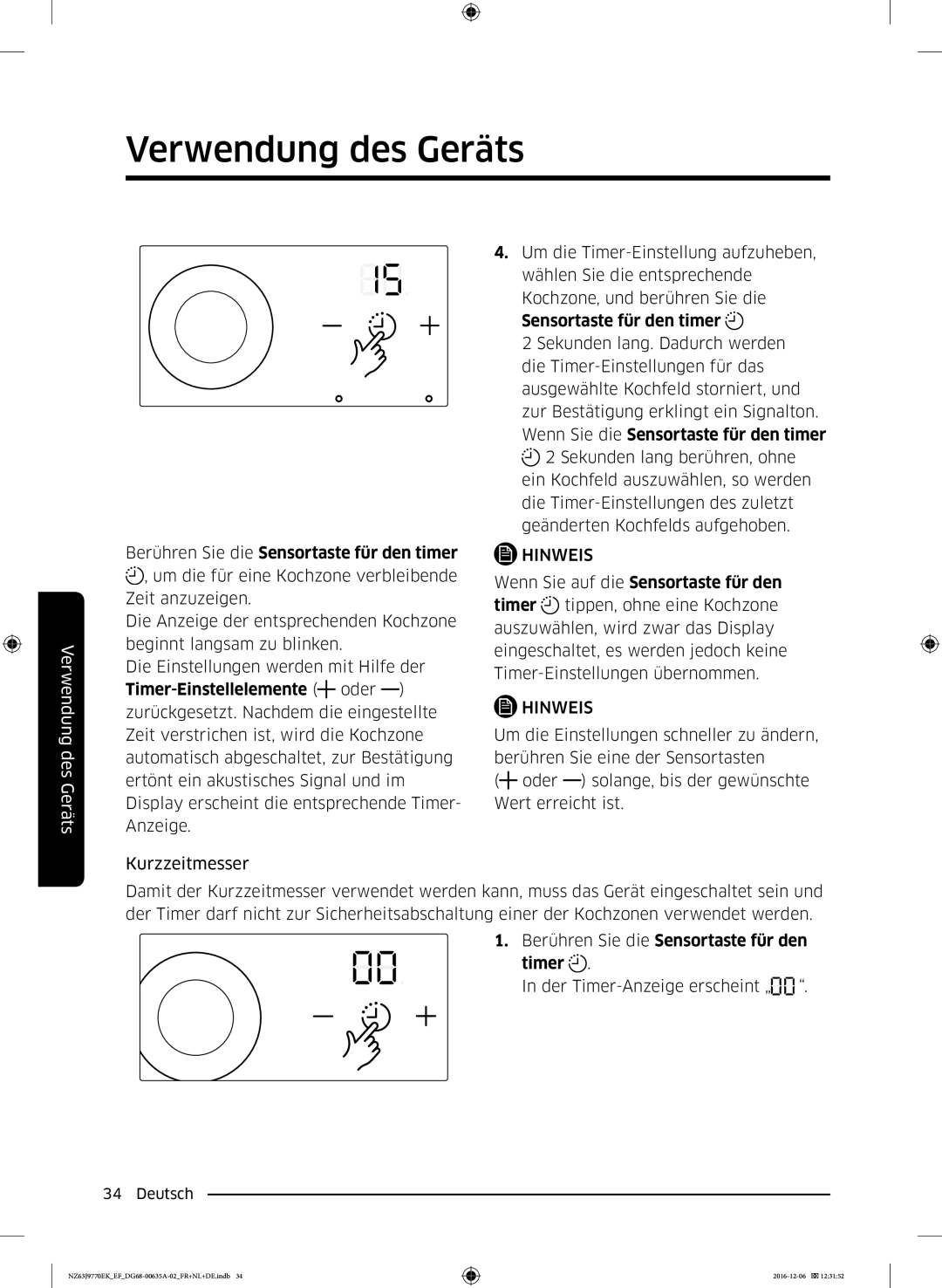 Samsung NZ63J9770EK/EF manual Berühren Sie die Sensortaste für den timer 