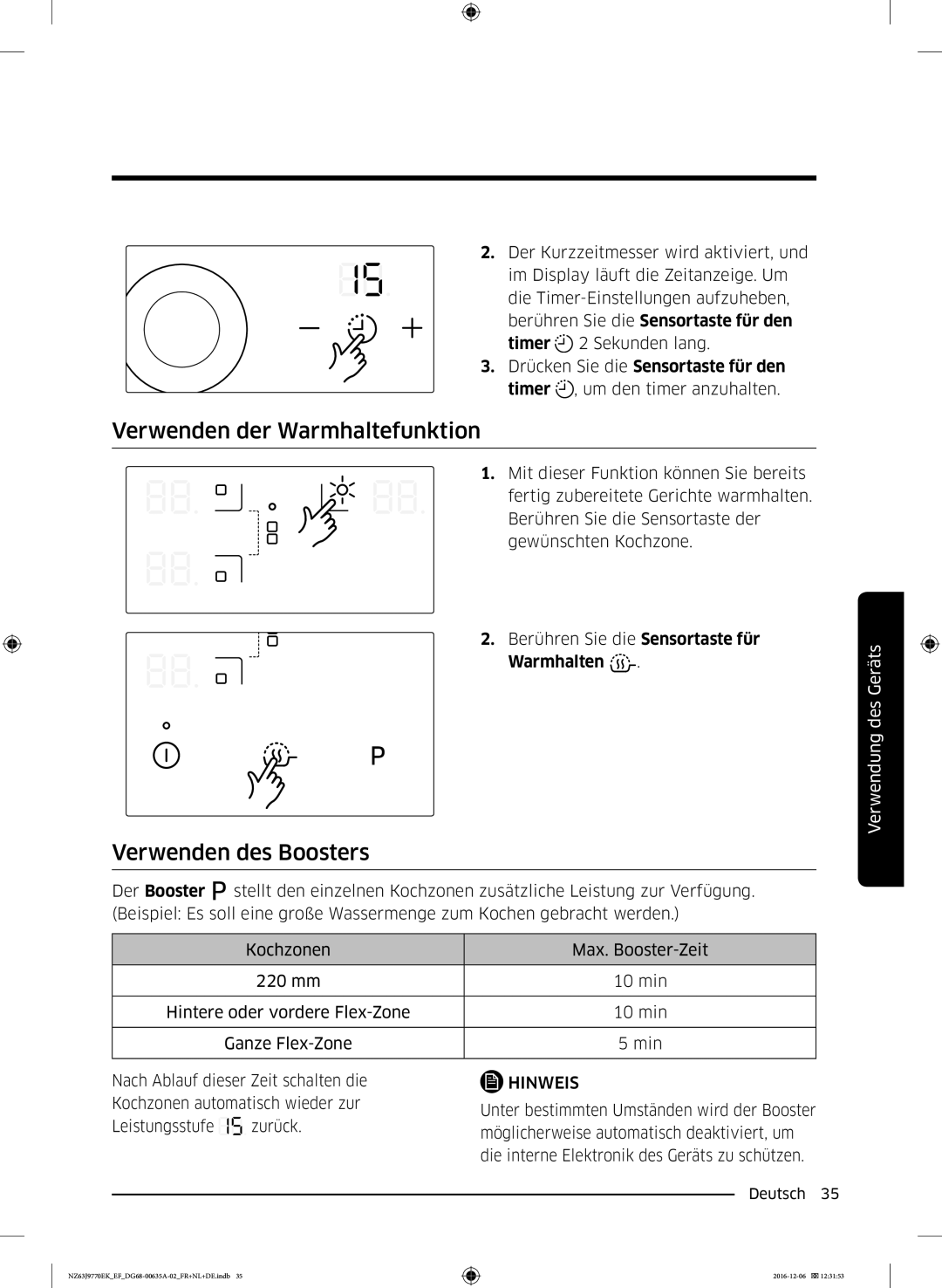 Samsung NZ63J9770EK/EF manual Verwenden der Warmhaltefunktion, Verwenden des Boosters 