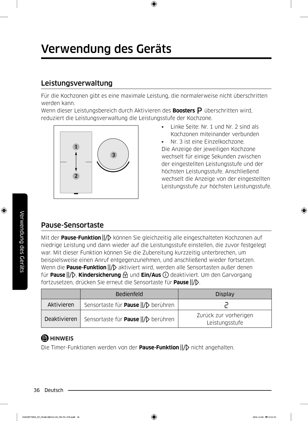 Samsung NZ63J9770EK/EF manual Leistungsverwaltung, Pause-Sensortaste 