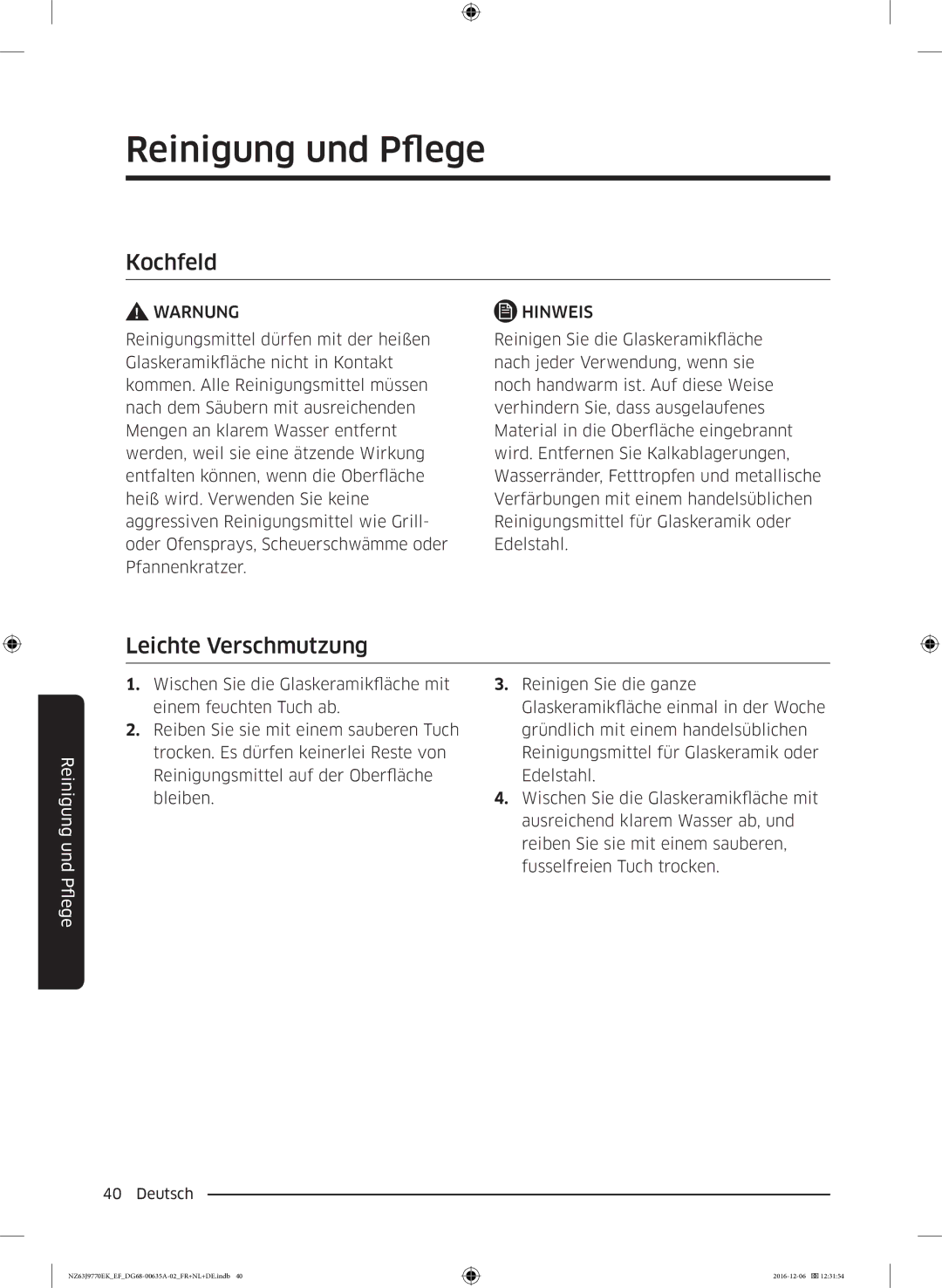 Samsung NZ63J9770EK/EF manual Reinigung und Pflege, Kochfeld, Leichte Verschmutzung 