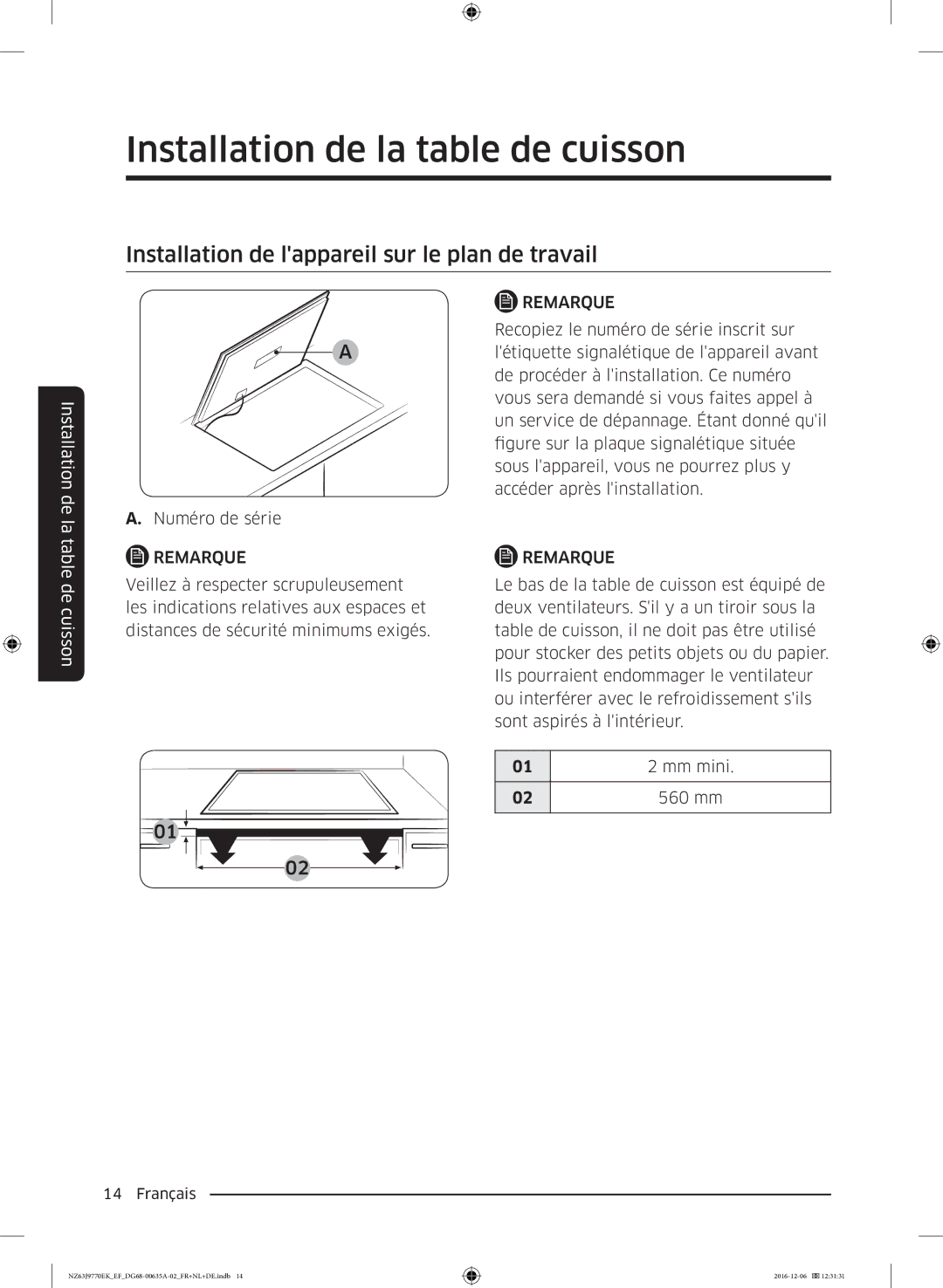 Samsung NZ63J9770EK/EF manual Installation de lappareil sur le plan de travail 