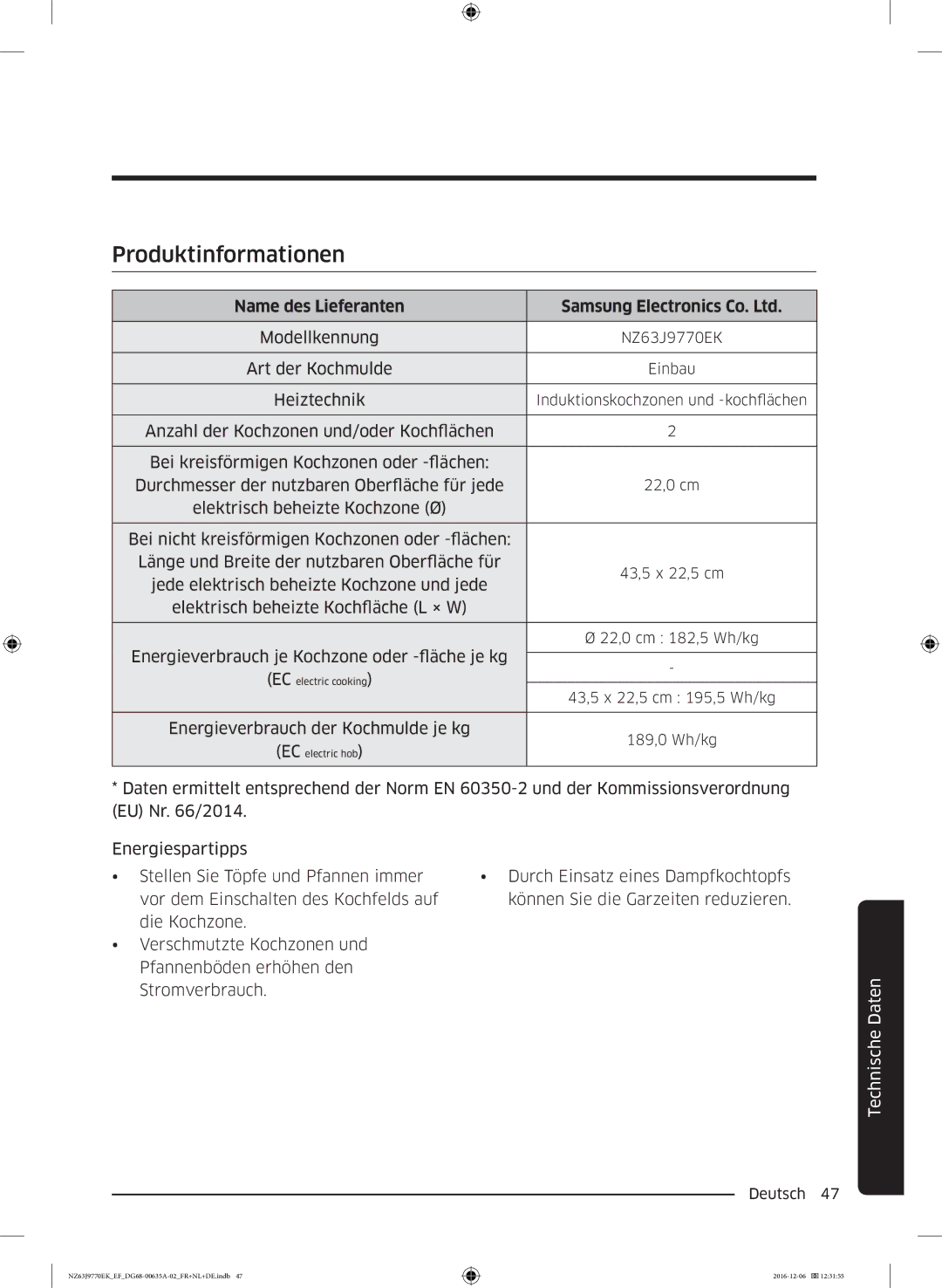 Samsung NZ63J9770EK/EF manual Produktinformationen, Name des Lieferanten 