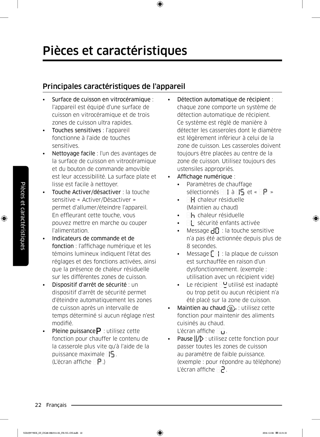 Samsung NZ63J9770EK/EF manual Principales caractéristiques de lappareil 