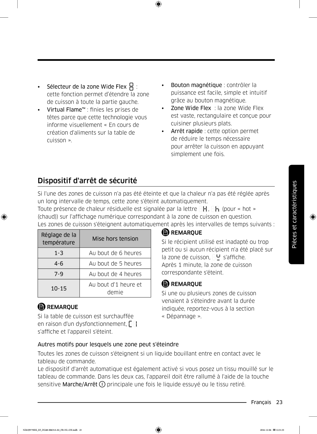 Samsung NZ63J9770EK/EF manual Dispositif darrêt de sécurité, Et caractéristiques 