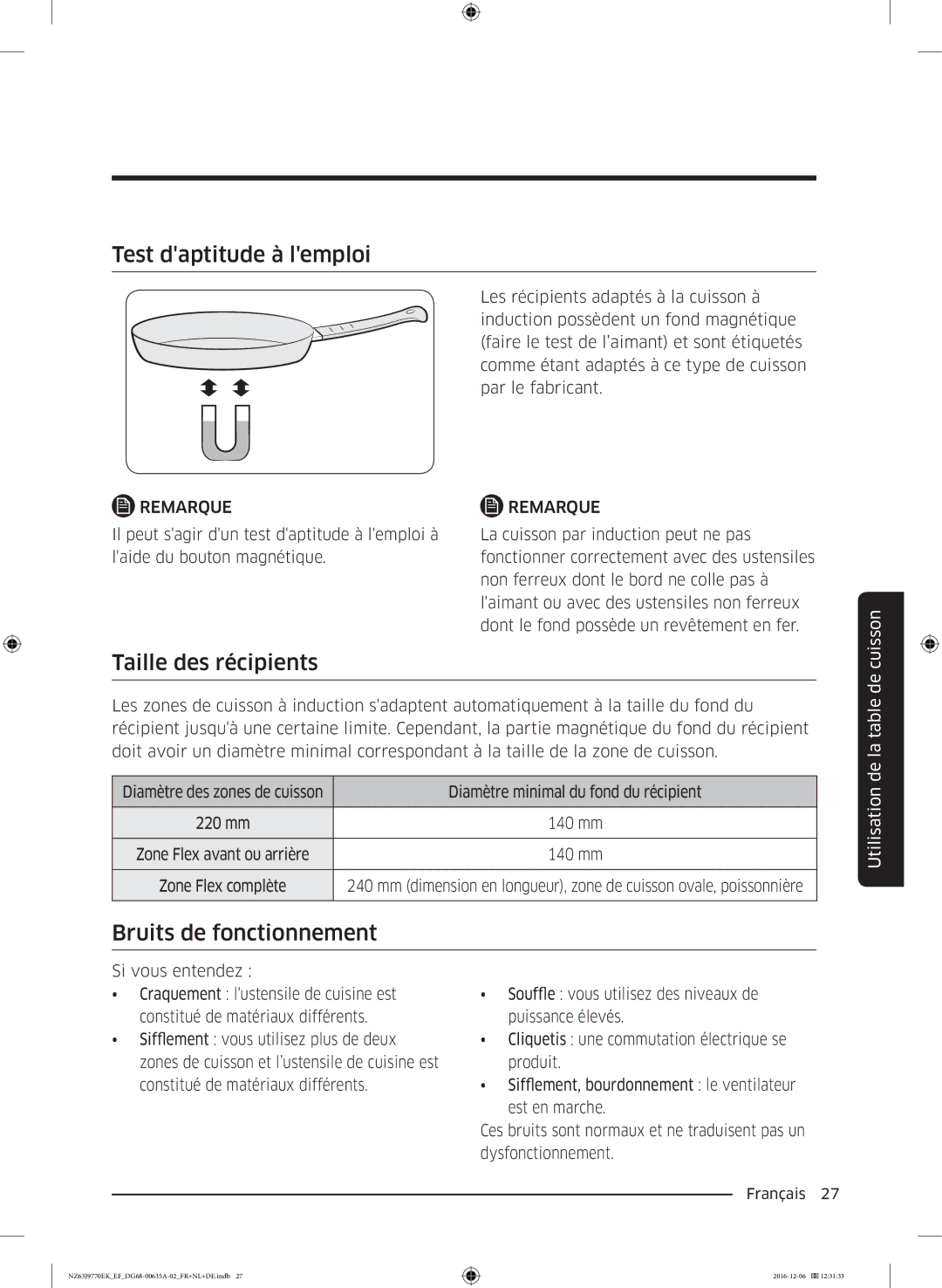 Samsung NZ63J9770EK/EF manual Test daptitude à lemploi, Taille des récipients, Bruits de fonctionnement 