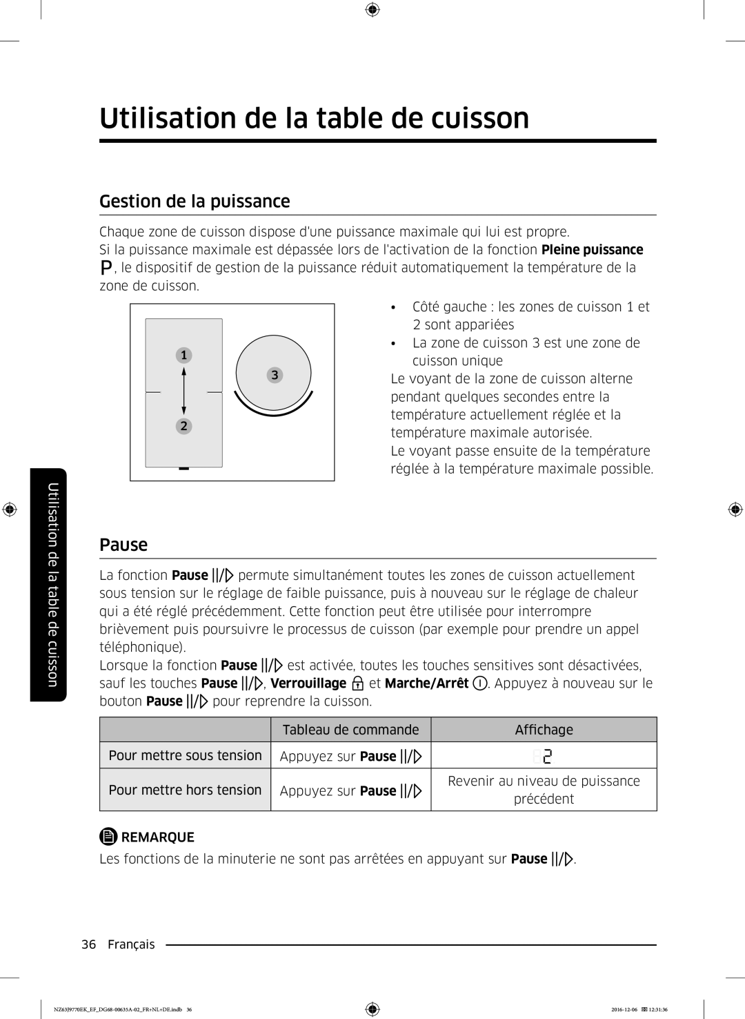 Samsung NZ63J9770EK/EF manual Gestion de la puissance, Pause 