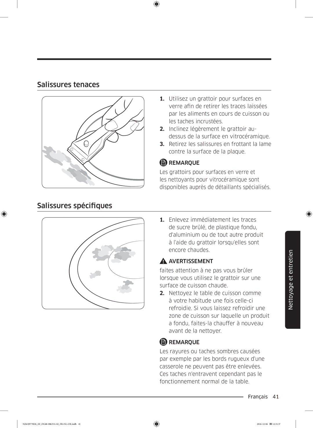 Samsung NZ63J9770EK/EF manual Salissures tenaces, Salissures spécifiques 