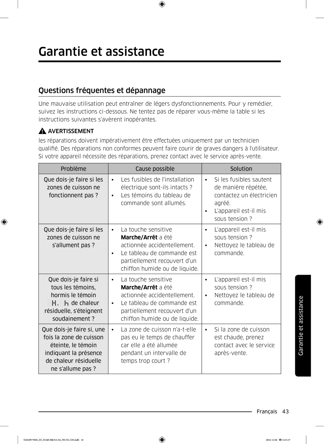 Samsung NZ63J9770EK/EF manual Garantie et assistance, Questions fréquentes et dépannage, Marche/Arrêt a été 