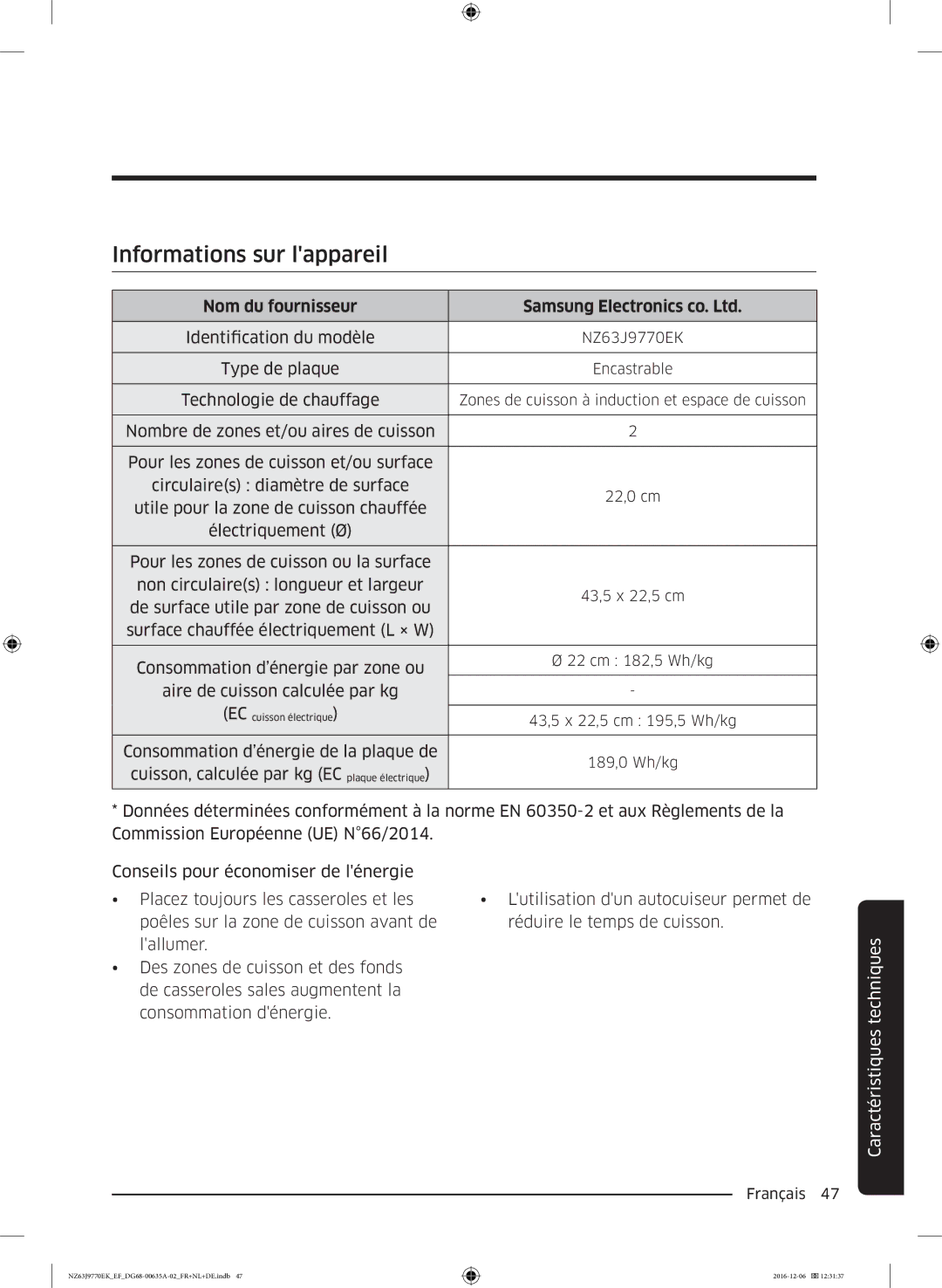 Samsung NZ63J9770EK/EF manual Informations sur lappareil, Nom du fournisseur 