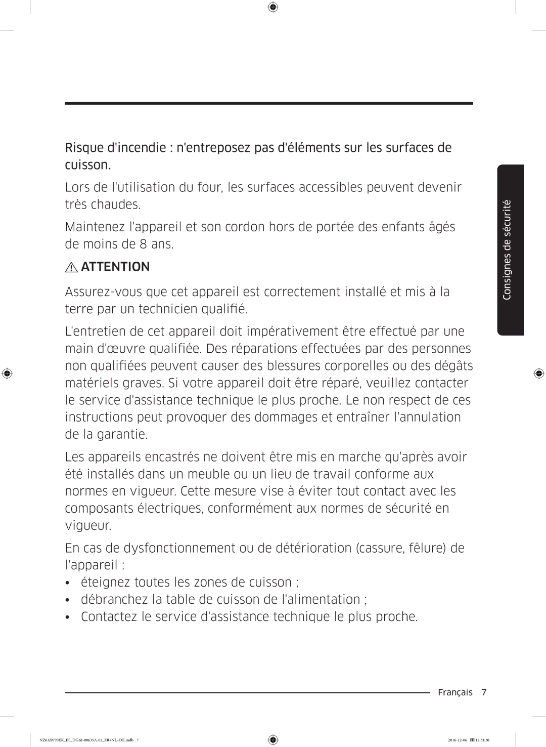 Samsung NZ63J9770EK/EF manual Consignes de sécurité 