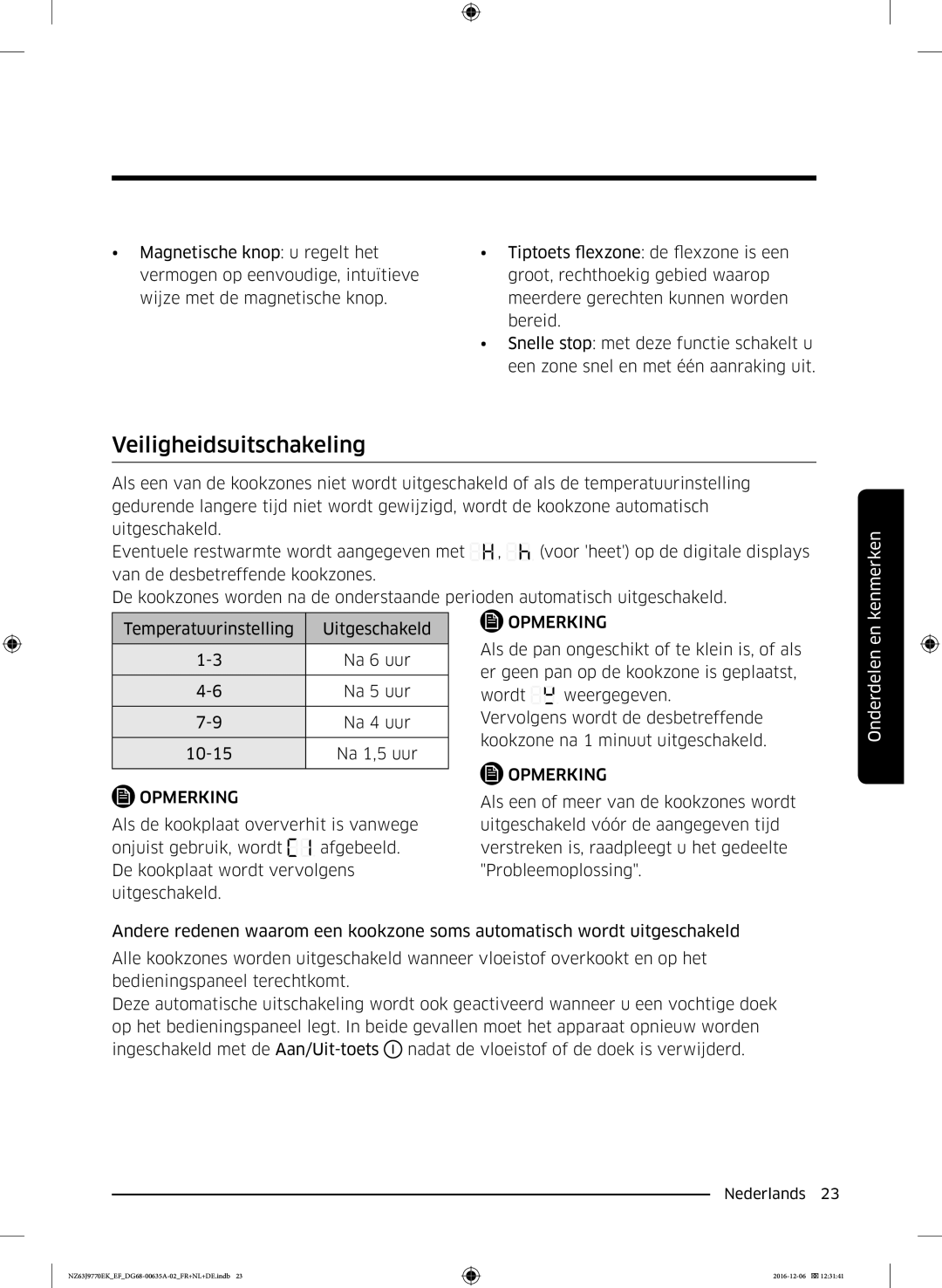 Samsung NZ63J9770EK/EF manual Veiligheidsuitschakeling, Onderdelen en 