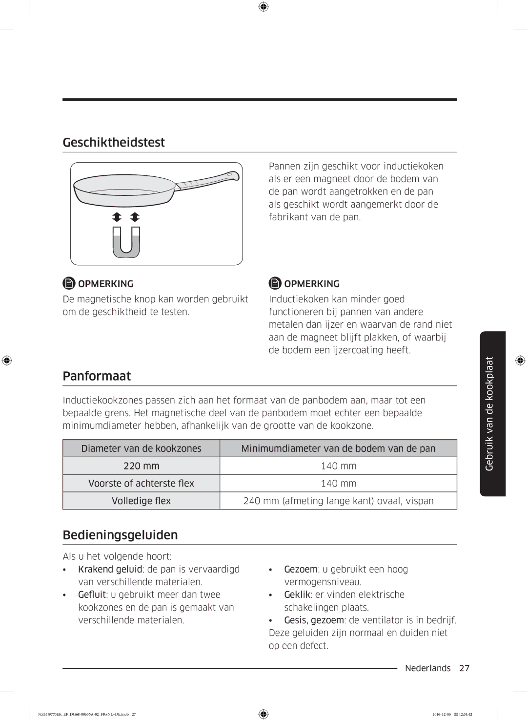 Samsung NZ63J9770EK/EF manual Geschiktheidstest, Panformaat, Bedieningsgeluiden 