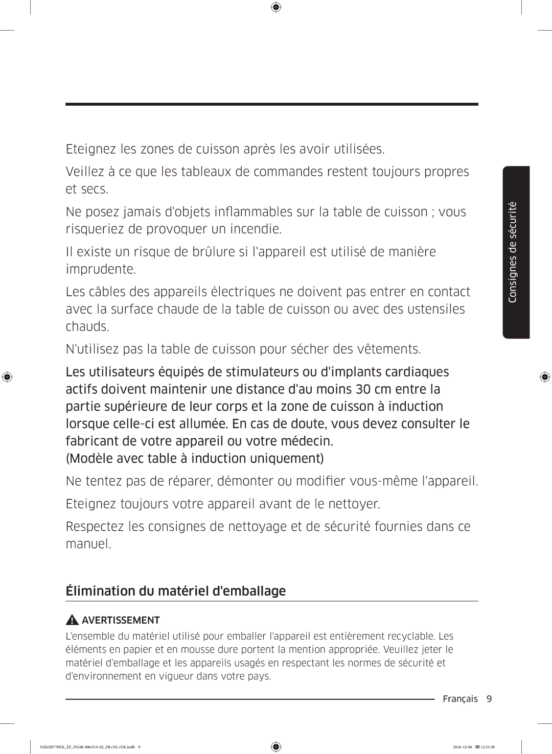 Samsung NZ63J9770EK/EF manual Avertissement 