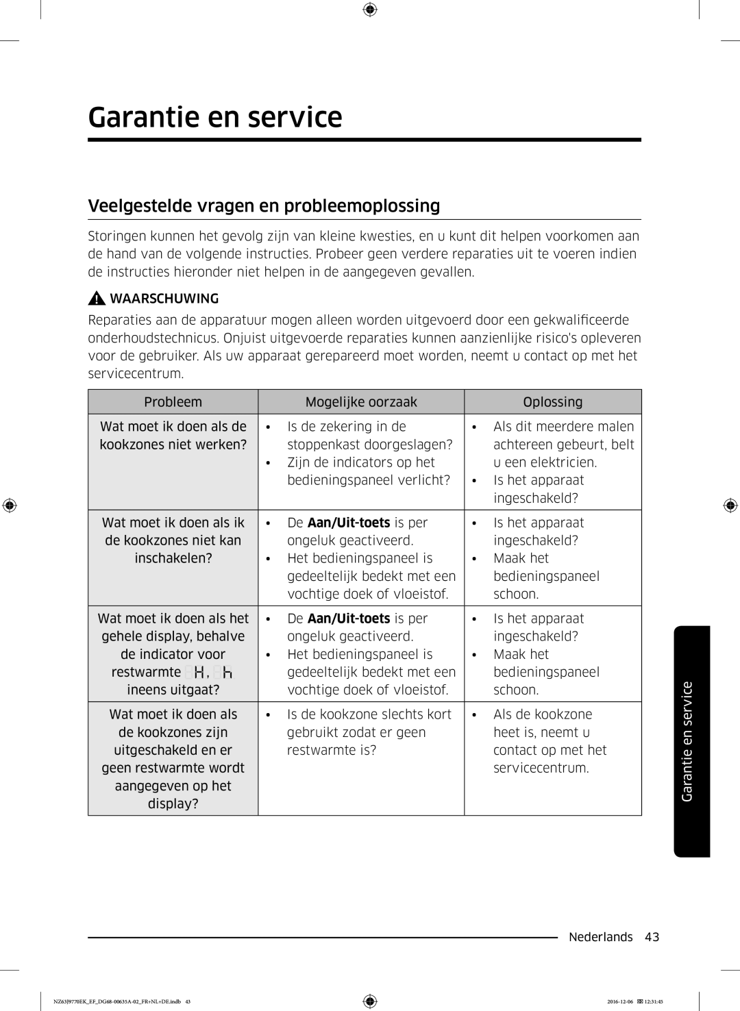 Samsung NZ63J9770EK/EF manual Garantie en service, Veelgestelde vragen en probleemoplossing, De Aan/Uit-toets is per 