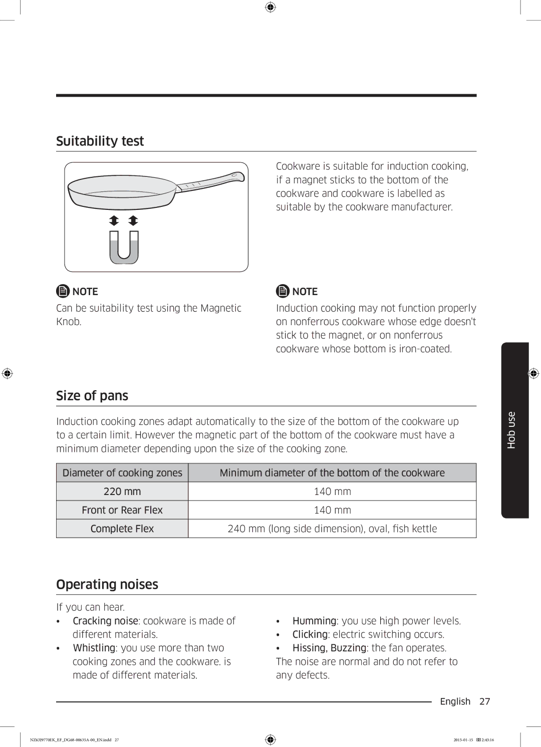 Samsung NZ63J9770EK/EF manual Suitability test, Size of pans, Operating noises 