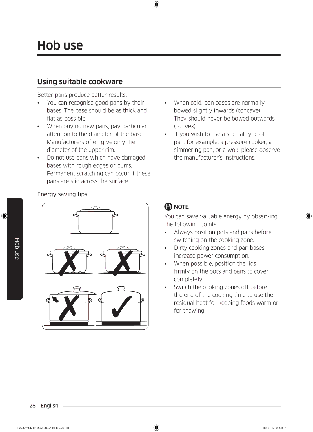 Samsung NZ63J9770EK/EF manual Using suitable cookware 