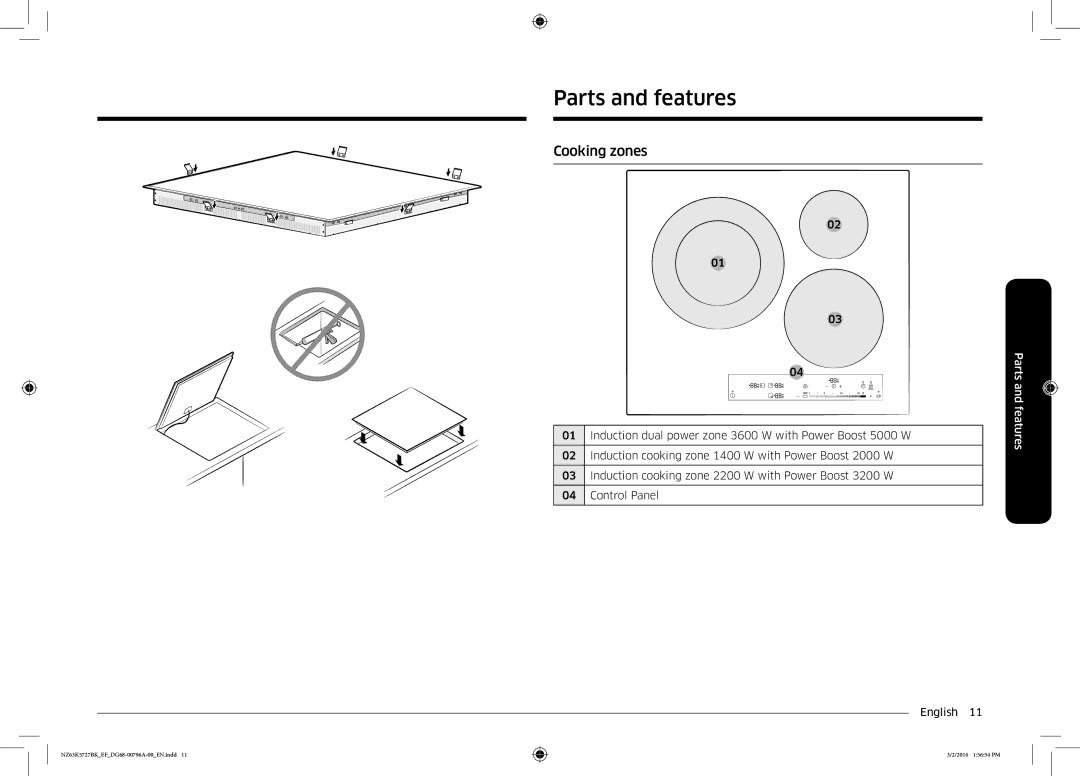 Samsung NZ63K5727BK/EF manual Parts and features, Cooking zones 