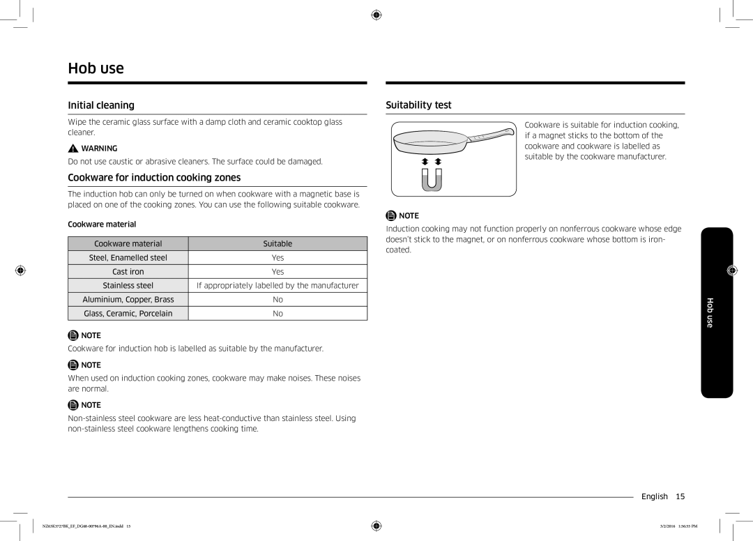 Samsung NZ63K5727BK/EF manual Hob use, Initial cleaning, Cookware for induction cooking zones, Suitability test 