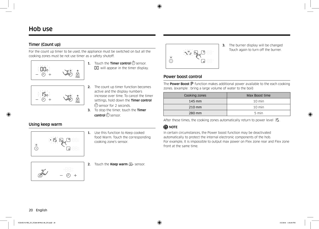 Samsung NZ63K5727BK/EF manual Timer Count up, Using keep warm, Power boost control 