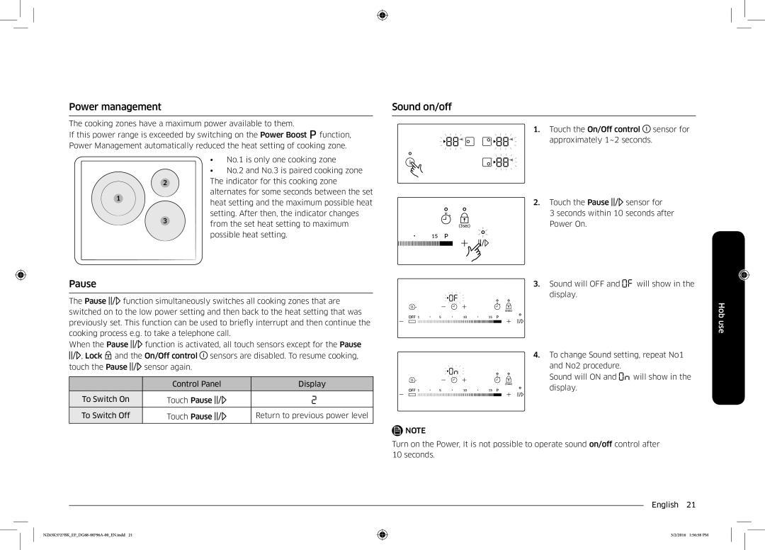 Samsung NZ63K5727BK/EF manual Power management, Pause, Sound on/off 