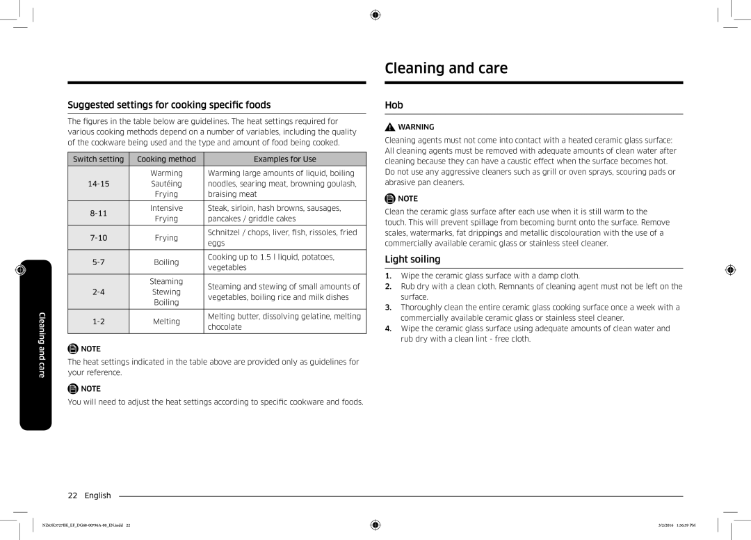 Samsung NZ63K5727BK/EF manual Cleaning and care, Suggested settings for cooking specific foods, Hob, Light soiling 