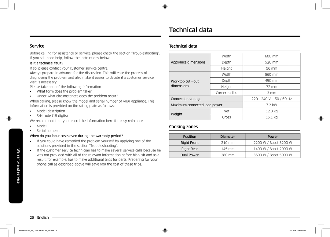 Samsung NZ63K5727BK/EF manual Technical data, Service 