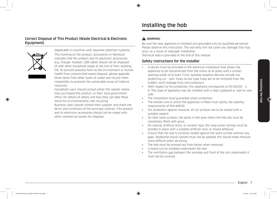 Samsung NZ63K5727BK/EF manual Installing the hob, Safety instructions for the installer 