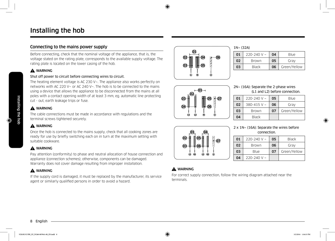 Samsung NZ63K5727BK/EF manual Connecting to the mains power supply 