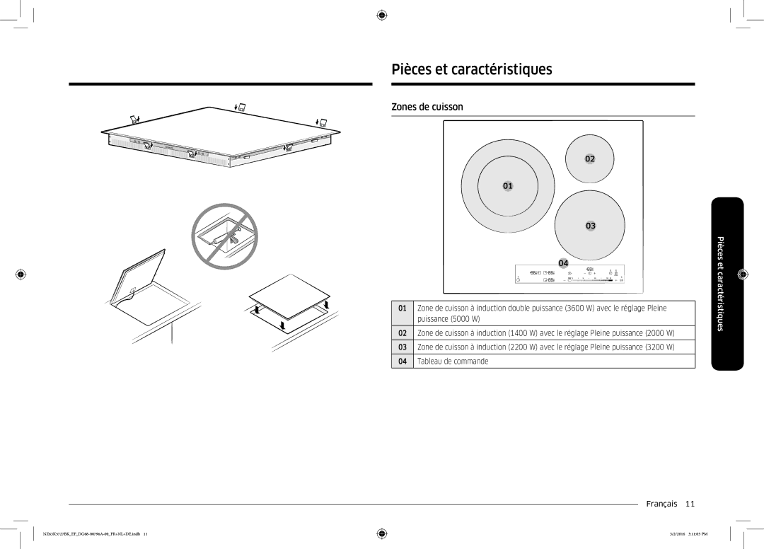 Samsung NZ63K5727BK/EF manual Pièces et caractéristiques, Zones de cuisson, Puissance 5000 W, Tableau de commande Français  