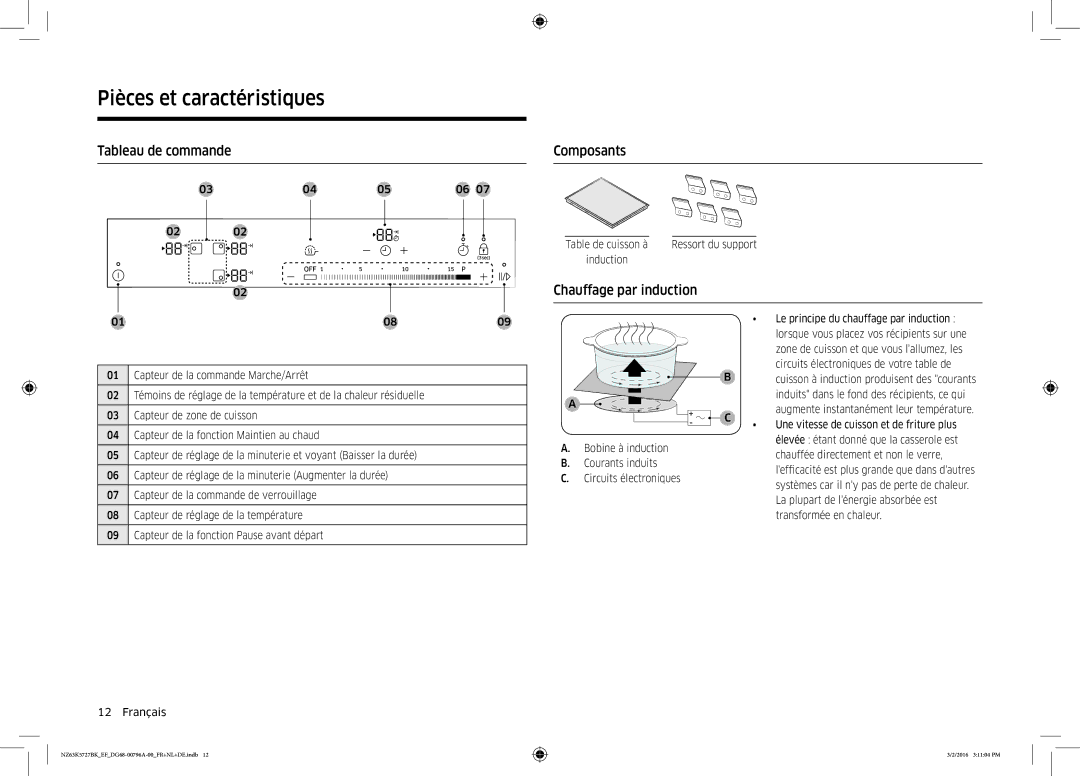 Samsung NZ63K5727BK/EF manual Tableau de commande, Composants, Chauffage par induction, Pièces et caractéristiques 