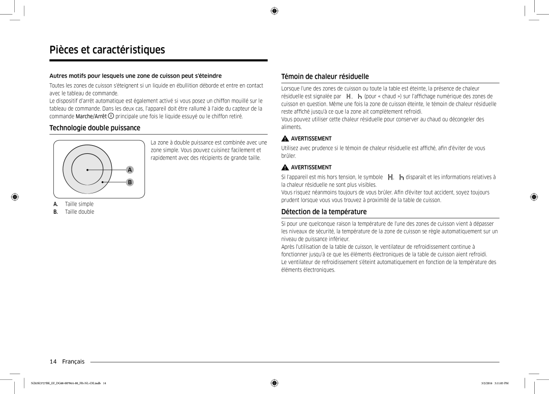 Samsung NZ63K5727BK/EF manual Technologie double puissance, Témoin de chaleur résiduelle, Détection de la température 