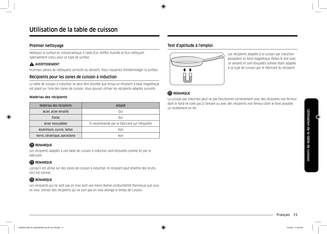 Samsung NZ63K5727BK/EF manual Utilisation de la table de cuisson, Premier nettoyage, Test daptitude à lemploi 