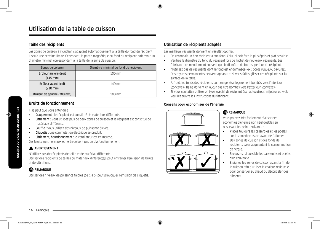 Samsung NZ63K5727BK/EF manual Taille des récipients, Bruits de fonctionnement, Utilisation de récipients adaptés 