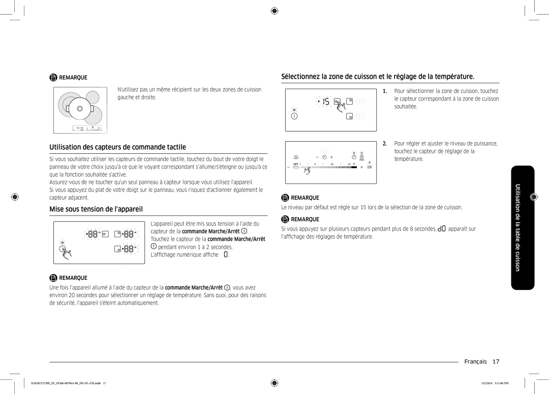 Samsung NZ63K5727BK/EF manual Utilisation des capteurs de commande tactile, Mise sous tension de lappareil 